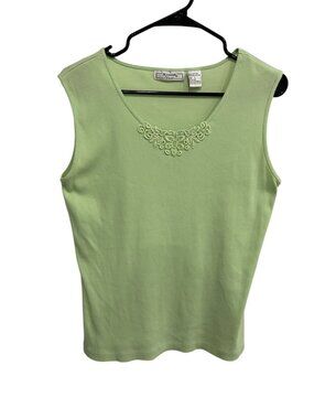 Keneth Too! Green Embroidered Neckline Sleeveless Top Size Large Casual Comfy